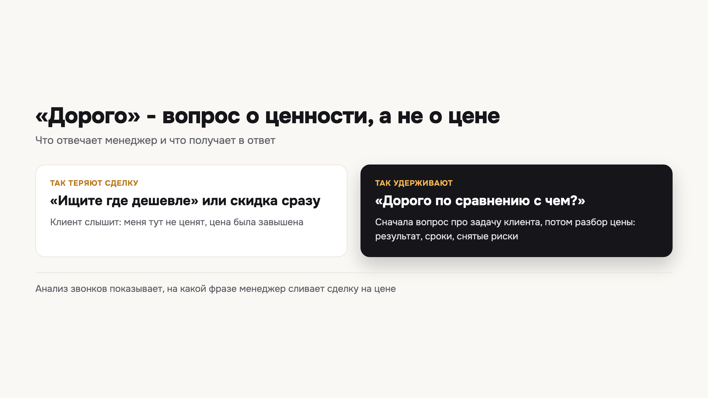 Схема сравнивает ответ, который убивает сделку, с ответом, который её удерживает.
