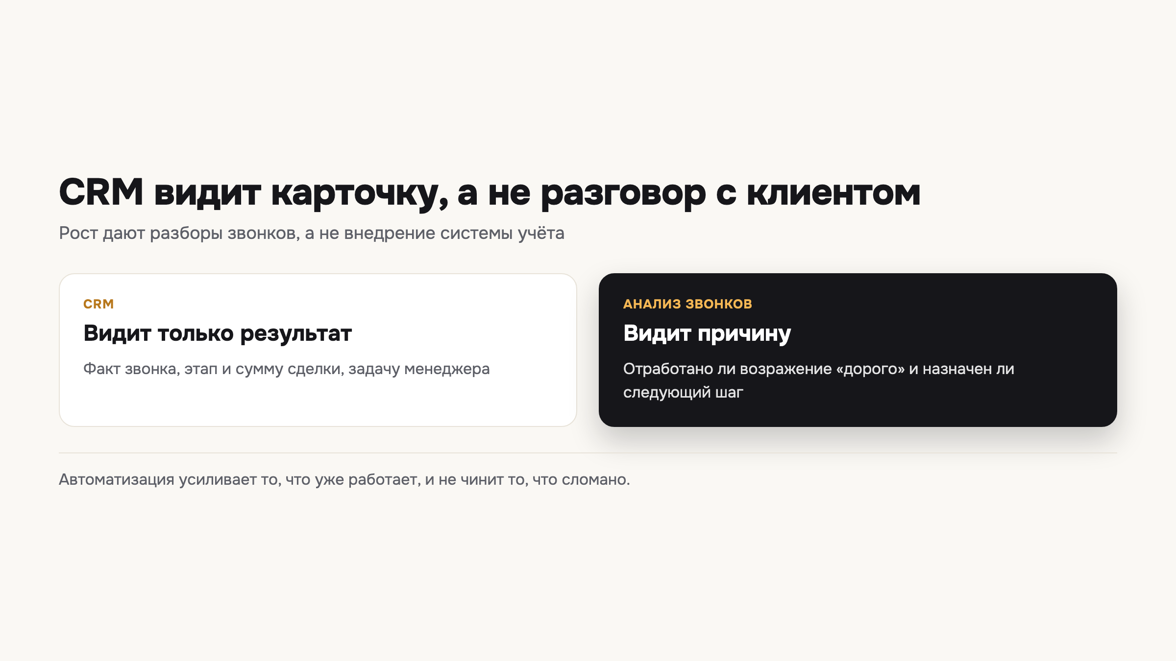 Схема показывает разницу между тем, что фиксирует CRM, и тем, что раскрывает анализ звонков.