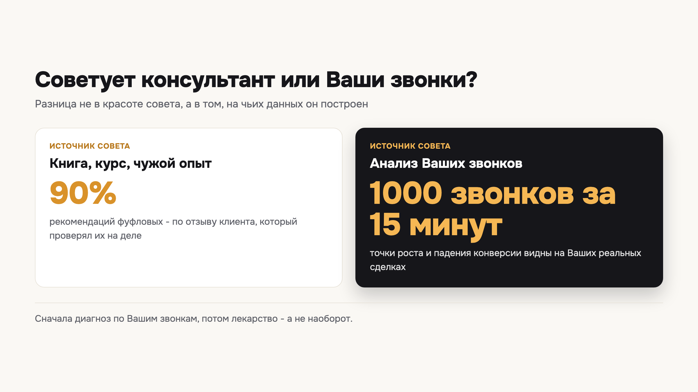 Схема сравнивает два источника советов по продажам: общие рекомендации со стороны и разбор реальных звонков отдела.