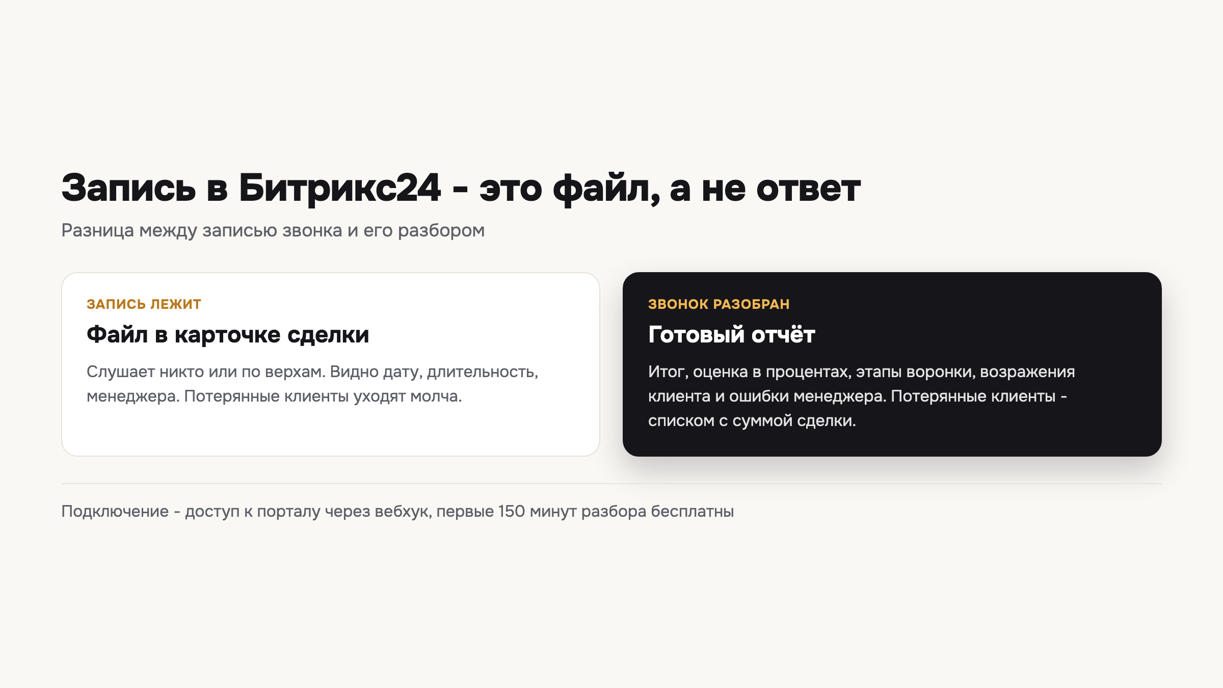 Разница между записью звонка, которая просто лежит в Битрикс24, и звонком, который разобрала речевая аналитика.