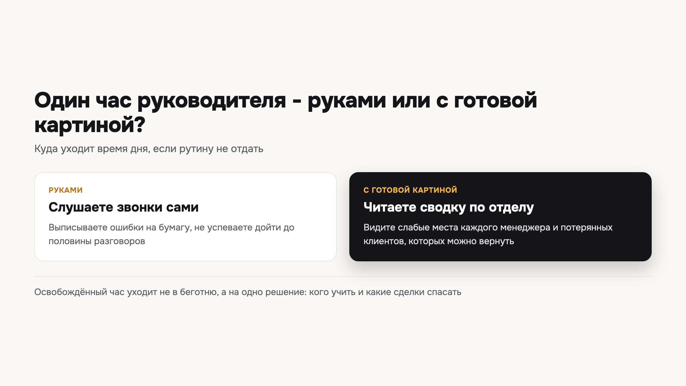 Один и тот же час руководителя: уходит в ручную рутину или освобождается под решения благодаря готовой картине по отделу.